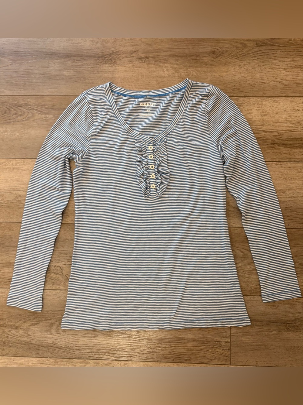 Old Navy Blue and White Striped Long-Sleeve Henley Tee